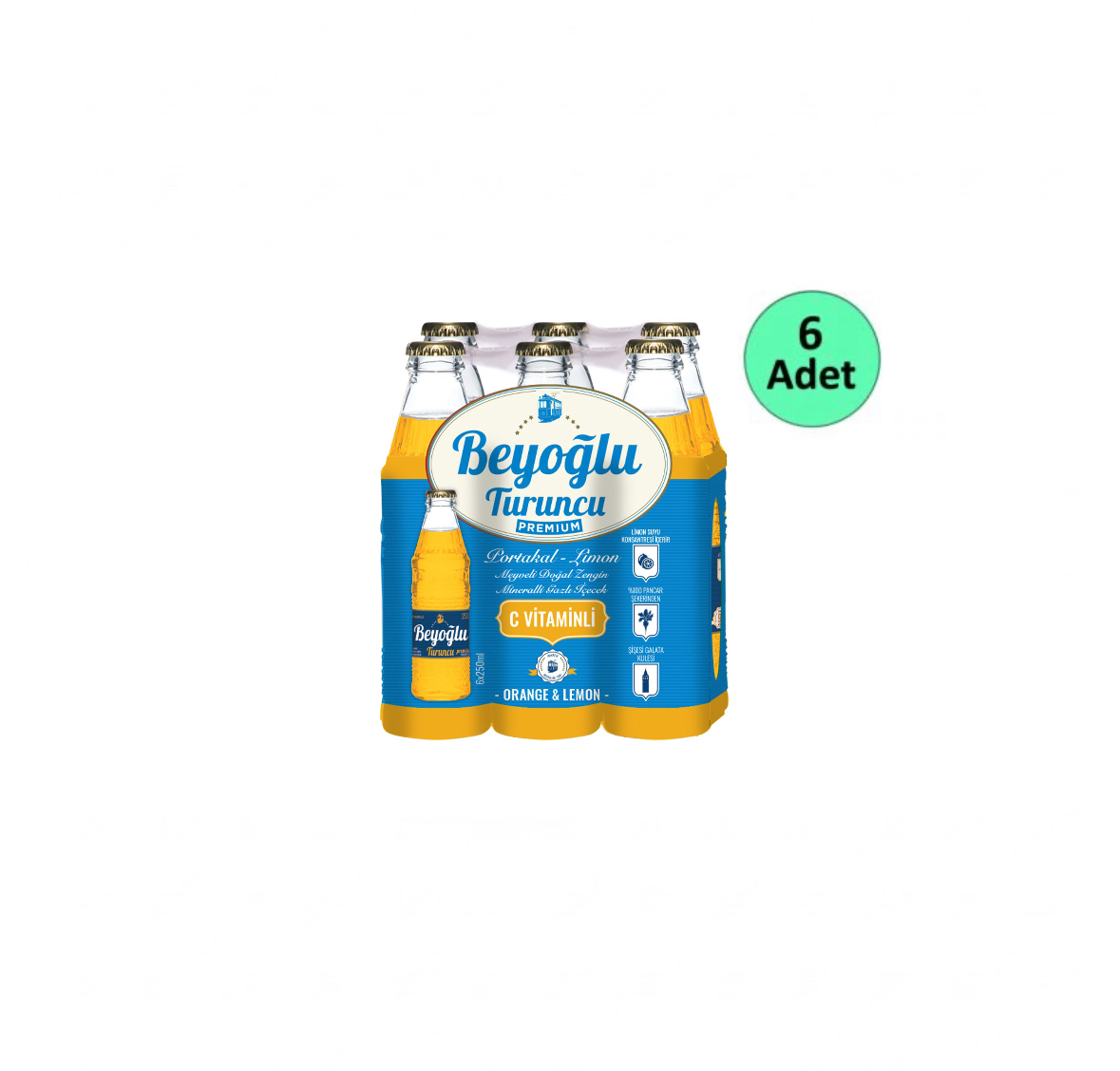 Beyoğlu Gazozu Turuncu Premium Portakallı Limonlu Gazlı İçecek 6 x 250 ml